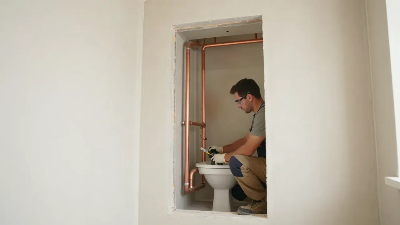 Repiping in Baldwin Park, California: completed section of new copper piping neatly run through an open wall cavity, with