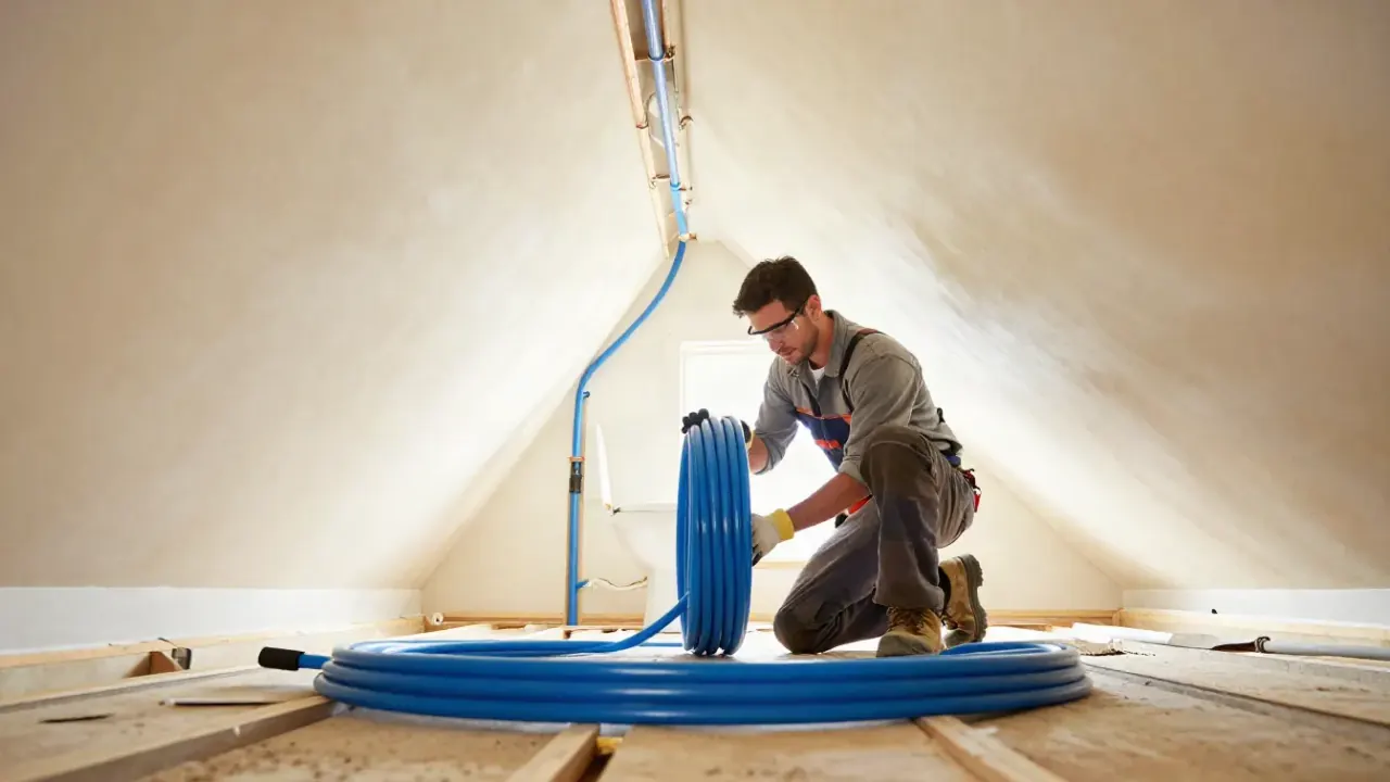 PEX Repiping in Baldwin Park, California: repipe specialist uncoiling a long roll of blue PEX tubing across a subfloor in an