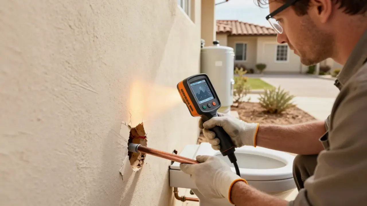 Repiping in Baldwin Park, California: Close-up of a thermal imaging camera display showing a warm spot on a wall, indicating